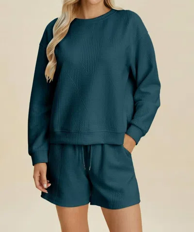 Double Take Textured Top And Shorts Set In Peacock Blue In Multi