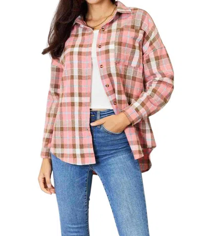 Double Take Timeless Plaid Shirt In Peach In Pink