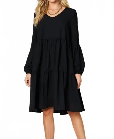 Double Take V-neck Balloon Sleeve Tiered Dress In Black