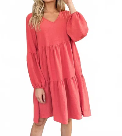 Double Take V-neck Balloon Sleeve Tiered Dress In Coral