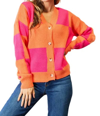 Double Take Woven Right Checkered Cardigan In Hot Pink