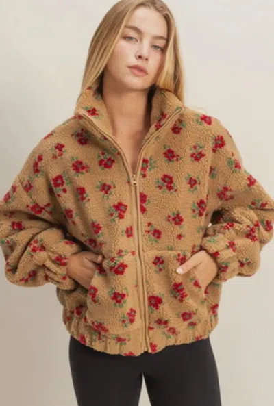Double Zero Comfy Floral Print Sherpa Zip-up Jacket In Taupe In Brown