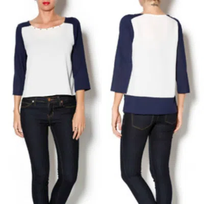 Double Zero Gold Studded Long Sleeve Top In Navy In Blue