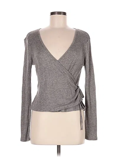Pre-owned Double Zero Long Sleeve Top Gray Plunge Neckline Tops