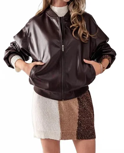 Double Zero Loose Fit Zip Up Leather Bomber Jacket In Brown