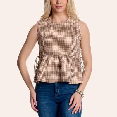 Double Zero Women's Brown Gingham Print Peplum Top