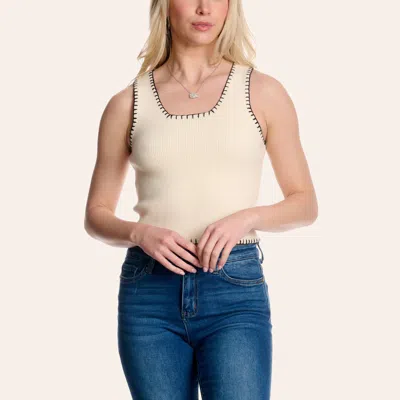 Double Zero Women's Ivory Whipstitch Trim Ribbed Tank Top In White