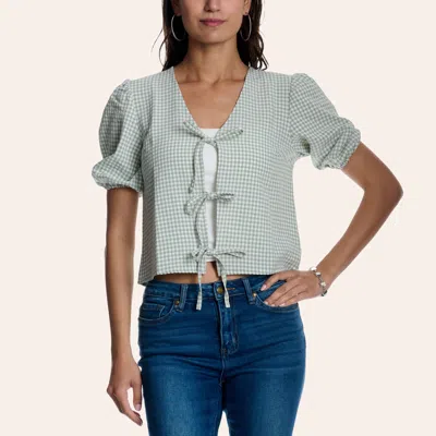 Double Zero Women's Sage Gingham Print Tie-front Puff Sleeve Cropped Top In Green