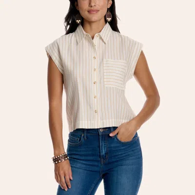 Double Zero Women's Taupe Stripe Print Cap Sleeve Shirt In Brown