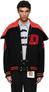 Doublet Black & Red Petal Mouth Hood Varsity Bomber Jacket In Black