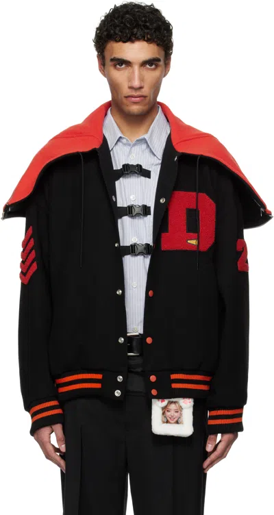 Doublet Black & Red Petal Mouth Hood Varsity Bomber Jacket