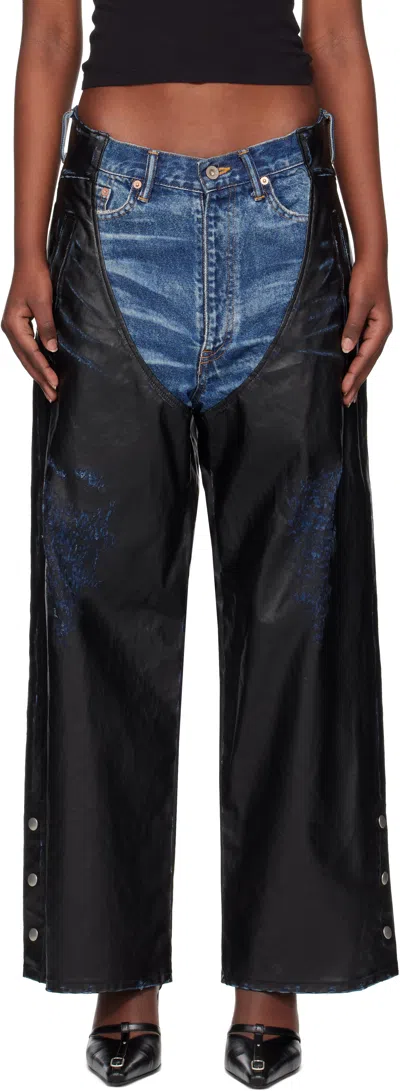 DOUBLET BLUE & BLACK FAUX-LEATHER COATING CHAPS JEANS
