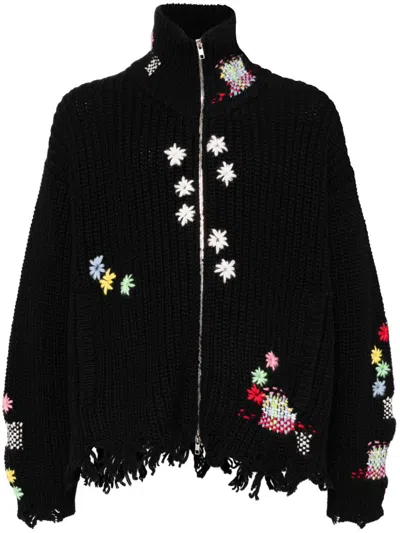 Doublet Floral-embroidered Knitted Jacket In Black