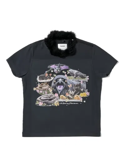 Doublet Furry-collar Graphic-print T-shirt In Black