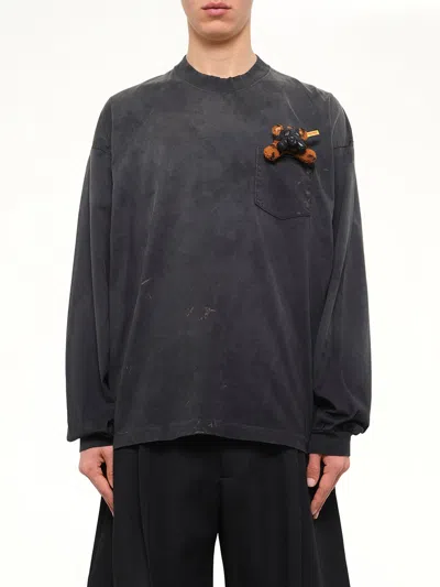 Doublet Gas Mask Bear Long-sleeve Distressed Cotton T-shirt In Black