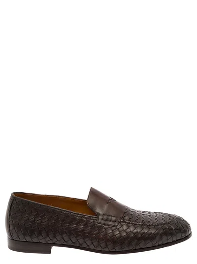 Doucal's Brown Pull On Loafers In Woven Leather Man In T.moro