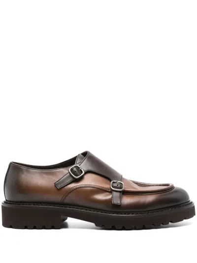 Doucal's Brown Polished Calf Leather Double Buckle Shoes