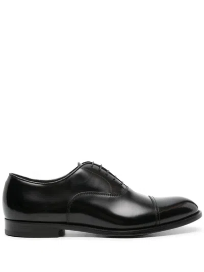 Doucal's Polished Derby Shoes In Smooth Black Calf Leather In Animal Print