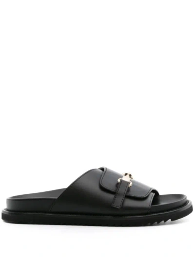 Doucal's Logo-buckle Leather Slides In Black