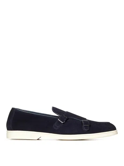 Doucal's Navy Blue Suede Double Monk Strap Loafers Wit