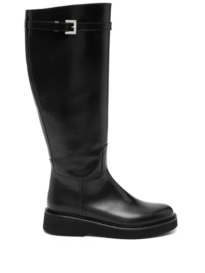 Doucal's Black Stival Polished Buckle Detail Leather Ankle Boots