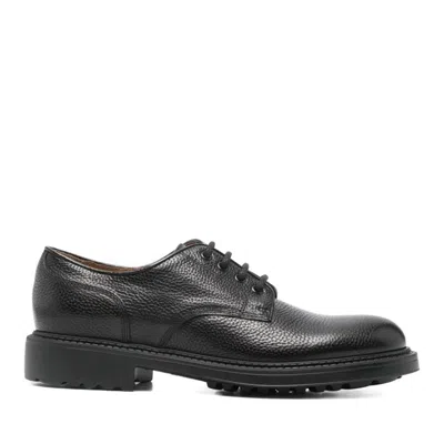 Doucal's Black Textured Lace-up Calf Suede Flats