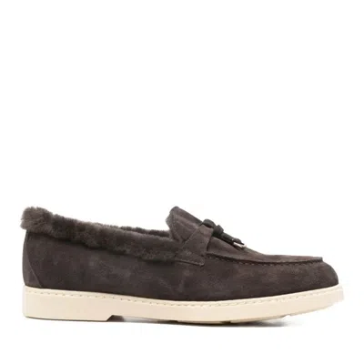 Doucal's Brown Adler Plush Fur Lining Suede Loafers In Grey