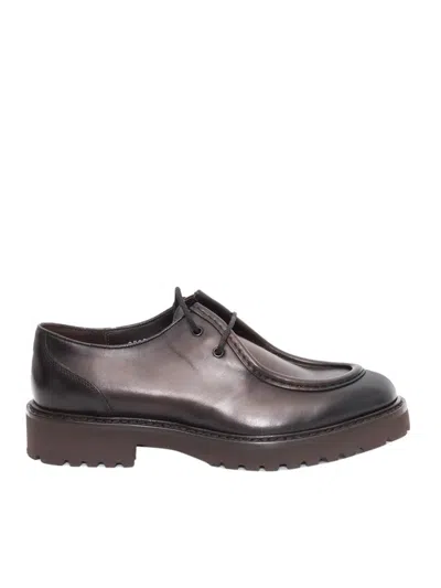 DOUCAL'S DARK BROWN CALFSKIN DERBY SHOES WITH DECORATIVE SEAMS