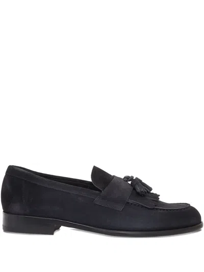 Doucal's Refined Black Calfskin Moccasin Loafers In Blue