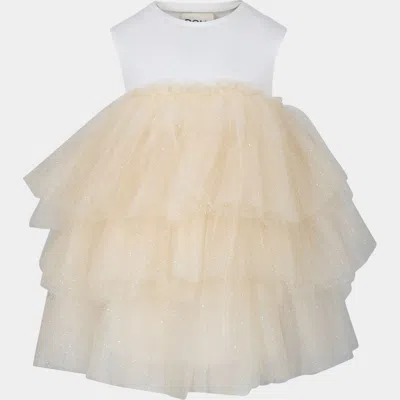 Douuod Kids' Beige Dress For Girl With Tulle In Beige Chiaro