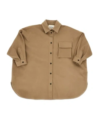 Douuod Kids' Button-up Chest-pocket Cotton Shirt Dress In Brown