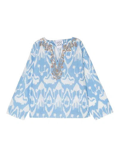 Douuod Kids' Embroidered-detail Cotton Blouse In Azzurro