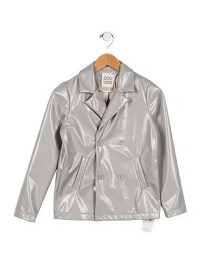 Pre-owned Douuod Kids' Girls Faux Leather Double Breasted Coats W/tags In Grey