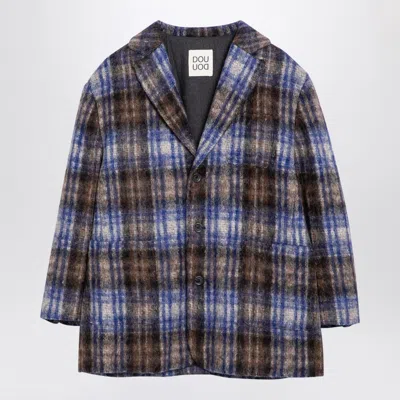 Douuod Kids' Grey/blue Wool Blend Checked Coat In Multicolor