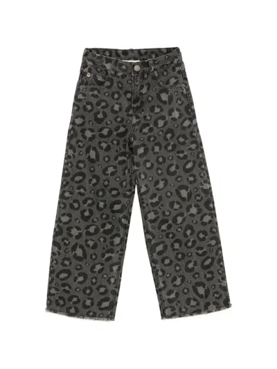 Douuod Kids' Leopard-pattern Frayed-hem Jeans In Grey