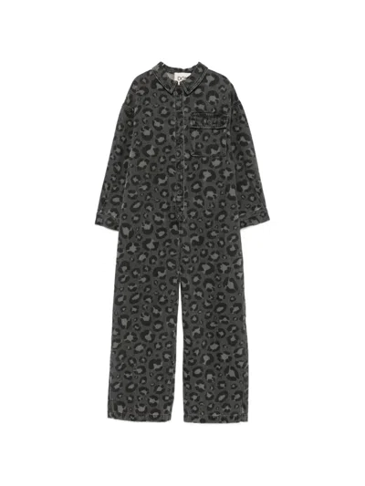 Douuod Kids' Leopard-print Denim Jumpsuit In Grey