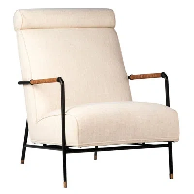 Dovetail Furniture Jhancarlos Cotton Upholstered Tall Back Chair With Steel Frame And Brown Suede Wrapped Arm Rests In White