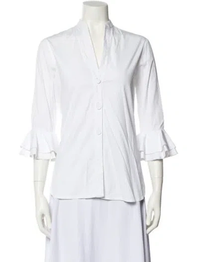 Pre-owned Dovima Paris V-neck Three-quarter Sleeve Button-up Top In White