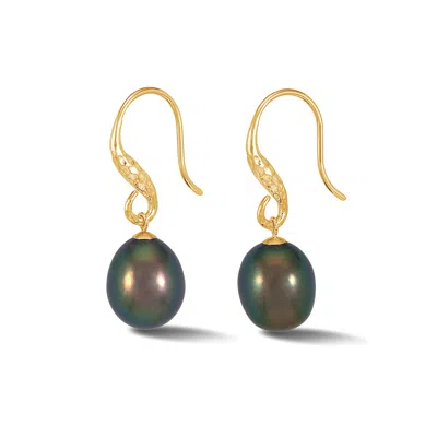 Dower & Hall 12mm Oval Peacock Freshwater Pearl Drop Earrings In Gold