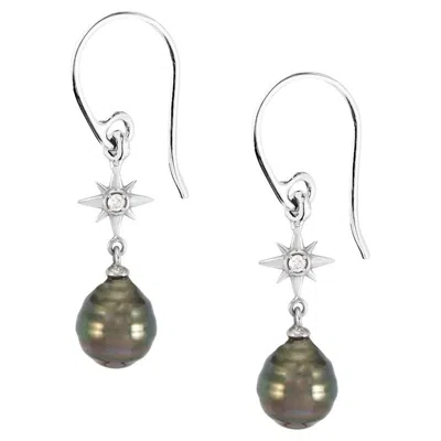 Pre-owned Dower & Hall 14k Gold & Diamond North Star Ear-drops With Tahitian Pearl In Multi