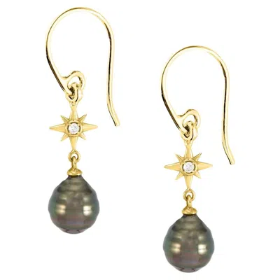 Pre-owned Dower & Hall 14k Gold & Diamond North Star Ear-drops With Tahitian Pearl In Multi