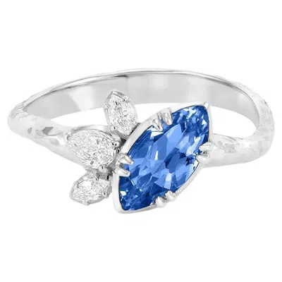 Pre-owned Dower & Hall 18k Marquise Sapphire & Diamond Stargazer Ring In Blue
