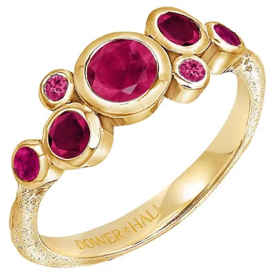 Pre-owned Dower & Hall 18k Yellow Gold Cascade Cluster Ring With Rubies