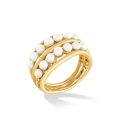 Dower & Hall 9k Gold Double Row Pearl Waterfall Ring In Gold,white