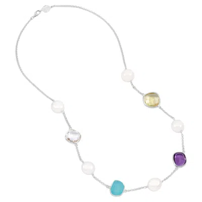 Pre-owned Dower & Hall Candy Gemstone & Baroque Pearl Pebble Necklace In Sterling Silver In Multi