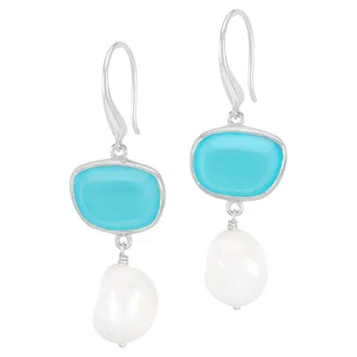 Pre-owned Dower & Hall Chalcedony Pebble & Pearl Drop Earrings In Sterling Silver In Multi