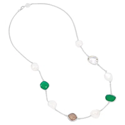 Pre-owned Dower & Hall Green Gemstone & Baroque Pearl Pebble Necklace In Sterling Silver