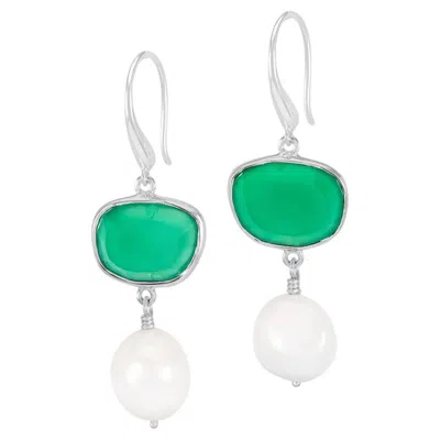 Pre-owned Dower & Hall Green Onyx Pebble & Pearl Drop Earrings In Sterling Silver