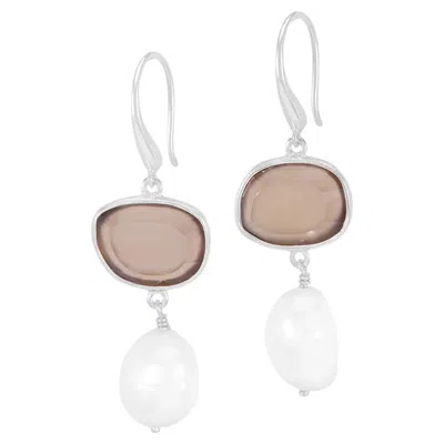Pre-owned Dower & Hall Grey Agate Pebble & Pearl Drop Earrings In Sterling Silver In Gray