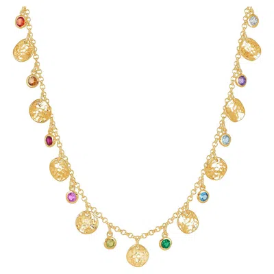 Pre-owned Dower & Hall Hammered Disc & Mixed Gemstone Array Necklace In 18ct Gold Vermeil In Multi